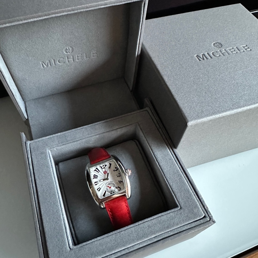 MICHELE Red Leather Strap Silver Luxury Sports Watch